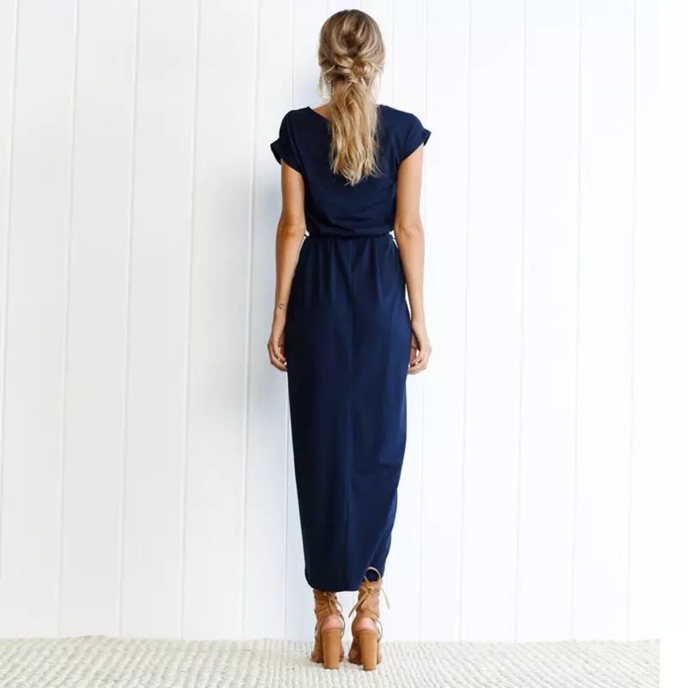 💥 CLEARANCE Tie Waist Rolled Short Sleeve Long Faux Wrap Front Slit Maxi Dress - Picture 4 of 8